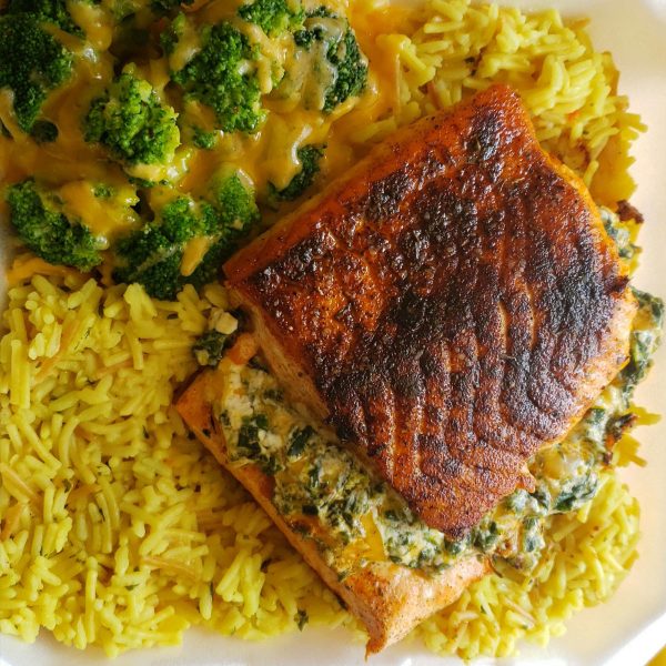 Stuffed Salmon Over Rice, Broccoli & Cheese